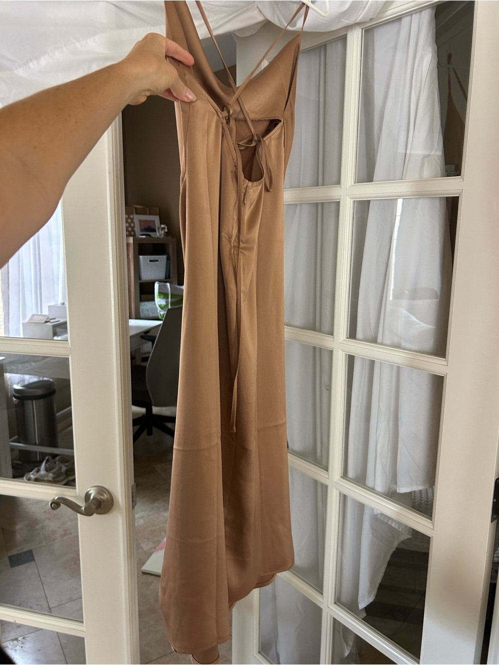 Woven Satin Strappy Jumpsuit in Camel
